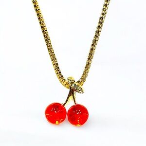 🆕 New Gold Tone Cherry Pendant Charm Necklace